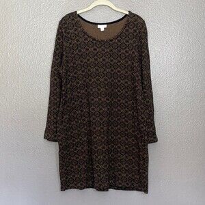 J Jill Knit Dress Cotton Long Sleeve Print Black Tan Brown Pockets Womens M